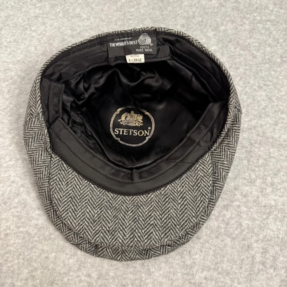 Vintage Mens Stetson Herringbone 100% Wool Flat Cap Sz XL Black White Made USA